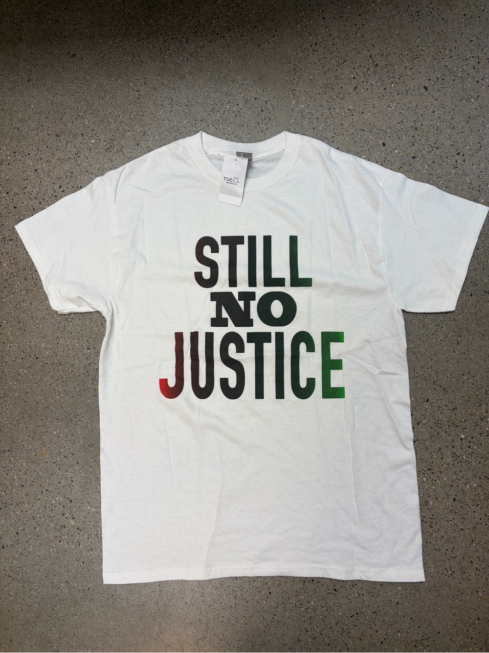 Gildan White Short-Sleeve Tee with 'STILL NO JUSTICE' Black, Red & Green Print